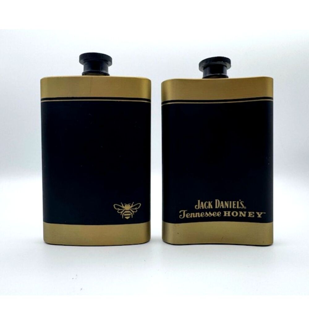 Jack Daniel's Honey Flask Set Black Gold Bee Stainless Steel 4oz Whiskey Barware